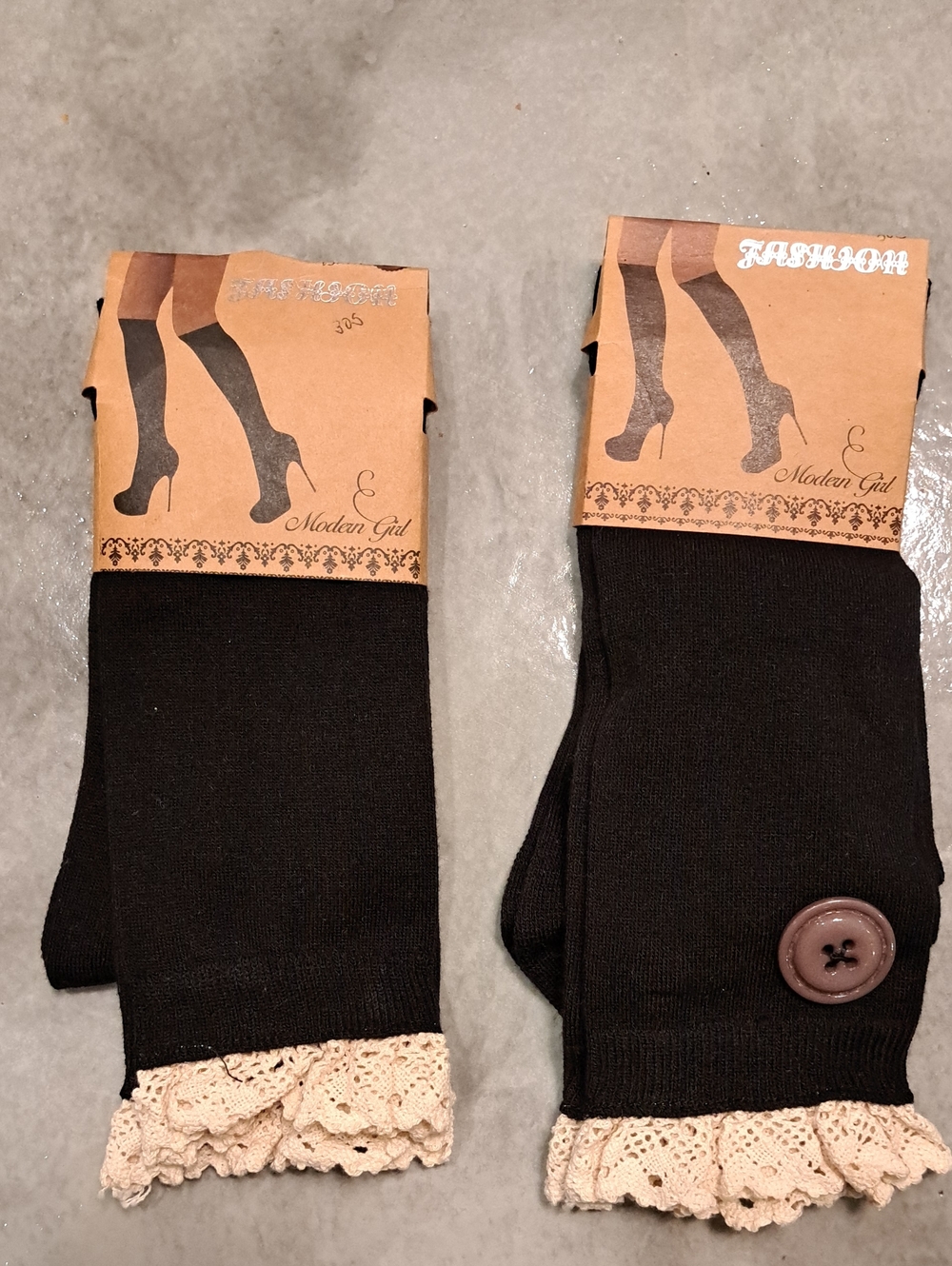 Nwt 2 Pairs Of Black W/Creme Crochet Trimmed High Socks. 1 Pr W/large Buttons